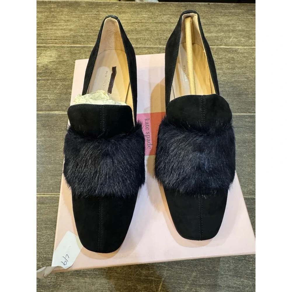 Kate Spade Gama loafers in‎ black suede with a faux fur trim Block Heel Size 8.5